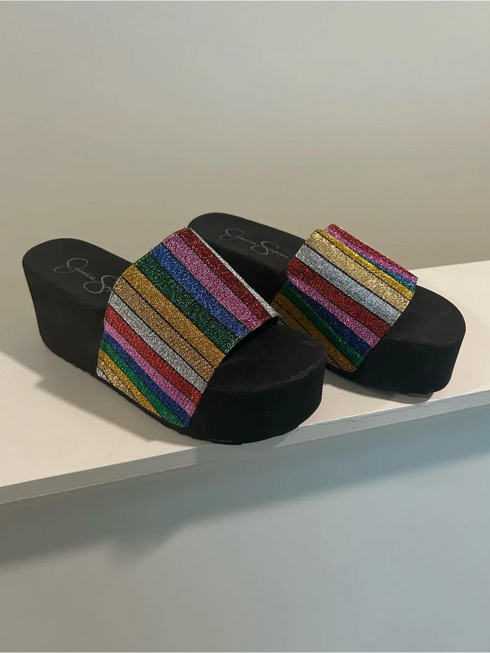 Jessica Simpson Multicolor Glitter Stripe Slide Sandals size 7